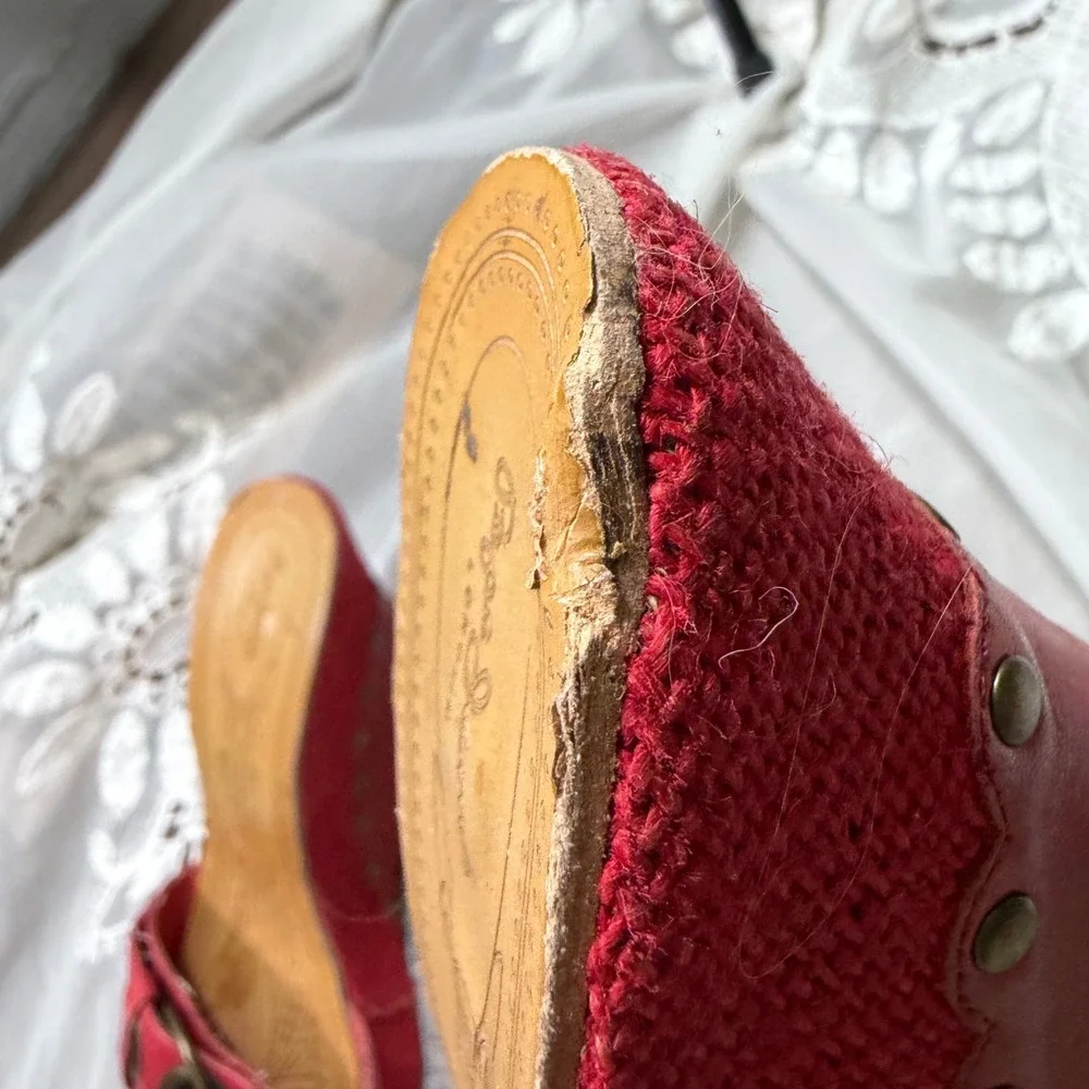 Y2K Pepe Jeans London Red Leather Woven Wedge Sandals Studded Platforms